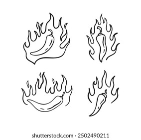 Hand drawn doodle fire hot chili peppers. Outline chile pepper. Vector illustration