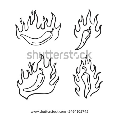 Hand drawn doodle fire hot chili peppers. Outline chile pepper. Vector illustration