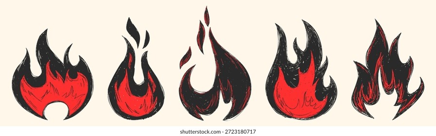 Dibujado a mano doodle fuego iconos conjunto aislado en el fondo. Ilustración de dibujos animados de Vector de bocetos abstractos de llamas rojas y negras, comida caliente, chile o símbolo de calor ardiente, diseño de tatuaje de arte lineal