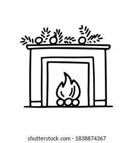 Hand drawn doodle fireplace with christmas garland isolated on white background. Vector flat illustration. Design for Xmas holiday cards, banners, posters, web design.