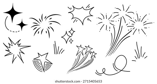 Dibujado a mano de fuegos artificiales de doodle, estallido estelar, estrella brillante, explosión en el set. elemento de diseño de doodle. Ilustración vectorial