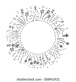 Hand Drawn Doodle Fireworks Round Frame