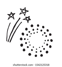 Hand drawn doodle Fireworks, salute and Stars. For New Year And Xmas Holiday decoration of stories, social networks, banners, flyers, and cards.  Vector illustration isolated on white background.