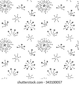 Hand Drawn Doodle Fireworks. Seamless Pattern For Your Holiday Design.