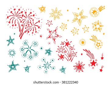 Hand Drawn doodle Fireworks and Stars Set - Vector illustration