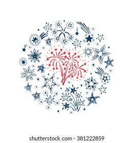 Hand Drawn doodle Fireworks and Stars Set - Vector illustration