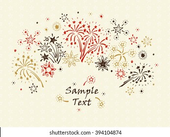 Hand drawn doodle Fireworks and Stars. Holiday card template - vector illustration.