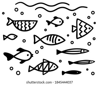 Hand drawn doodle fish. A flock of different fish swims underwater. Set of black and white fishes in doodle ink style. Cartoon vector sketch illustration. Black lines isolated on a white background.
