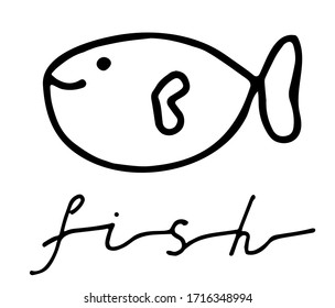 Hand drawn doodle fish with lettering. Underwater animal. Childish funny cartoon picture.
Simple element with thick black stroke. Vector illustration isolated on white background.