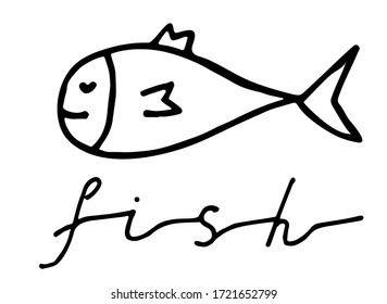 Hand drawn doodle fish with lettering. Underwater animal. Childish funny cartoon picture.
Simple element with thick black stroke. Vector illustration isolated on white background.