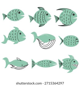 colección de conjunto de peces Doodle dibujados a mano