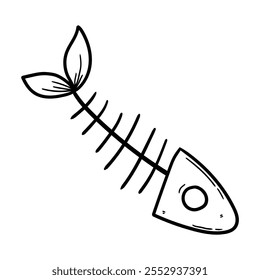 Dibujado a mano doodle hueso esqueleto de pescado aislado sobre fondo blanco. Ilustración vectorial.