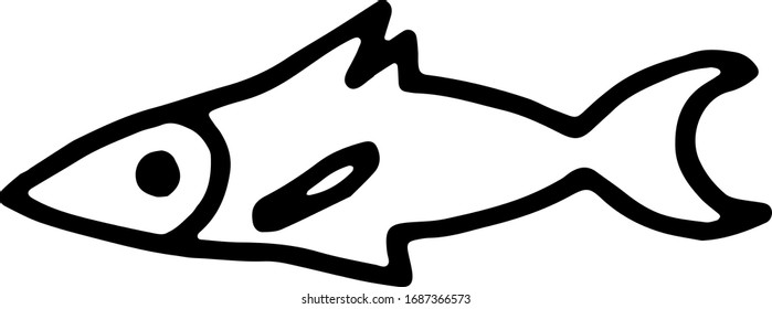 Hand drawn doodle fish. tuna, cod, Dorado. Simple black stroke fin, tail, head, eyes. vector illustration