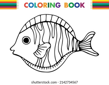Hand drawn doodle fish . Underwater animal. Childish funny cartoon picture. Simple element with thick black stroke. Vector illustration isolated on white background.