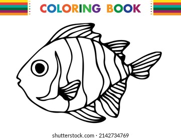 Hand drawn doodle fish . Underwater animal. Childish funny cartoon picture. Simple element with thick black stroke. Vector illustration isolated on white background.