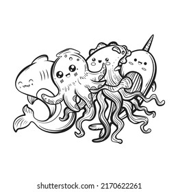 Hand drawn doodle fishes isolated on white background.vector illustration of sea animals.