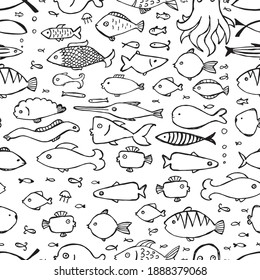 Hand drawn doodle fishes seamless pattern. Flock of sketched fish pictogram endless background, sea animals vector illustration tile for cloth, fabric, textile