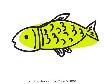 Handgezeichnete Doodle-Fische, skizziertes Fisch-Piktogramm, Sardinenherden-Symbol, skizzierte Meerestiere, Makrelen-Retro-Doodle-Zeichnung, Tintenkunstwerk Hering auf Weiß