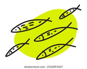 Handgezeichnete Doodle-Fische, skizziertes Fisch-Piktogramm, Sardinenherden-Symbol, skizzierte Meerestiere, Makrelen-Retro-Doodle-Zeichnung, Tintenkunstwerk Hering auf Weiß