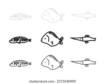 Hand drawn doodle fishes, sketched fish pictogram, sardine flock icon, sketchy sea animals, mackerel retro doodle drawing, ink artwork herring on white