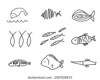 Hand drawn doodle fishes, sketched fish pictogram, sardine flock icon, sketchy sea animals, mackerel retro doodle drawing, ink artwork herring on white