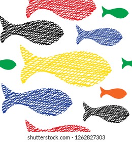 Hand drawn doodle fishes vector seamless pattern isolated on white background. Flock of sketched fish pictogram mono linear modern design. Simple vector illustration of sea animals