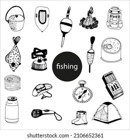 Hand drawn doodle Fishing icons set. Vector illustration catching fish equipment elements collection