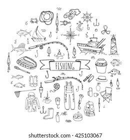 Hand drawn doodle Fishing icons set. Vector illustration catching fish equipment elements collection Cartoon concept Rod Baits Spinning Lure Inflatable boat Lighthouse Cloth Tuna Salmon Backpack Net