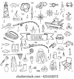 Hand drawn doodle Fishing icons set. Vector illustration catching fish equipment elements collection Cartoon concept Rod Baits Spinning Lure Inflatable boat Lighthouse Cloth Tuna Salmon Backpack Net