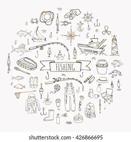Hand drawn doodle Fishing icons set. Vector illustration catching fish equipment elements collection Cartoon concept Rod Baits Spinning Lure Inflatable boat Lighthouse Cloth Tuna Salmon Backpack Net