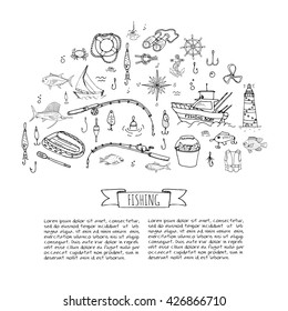 Hand drawn doodle Fishing icons set. Vector illustration catching fish equipment elements collection Cartoon concept Rod Baits Spinning Lure Inflatable boat Lighthouse Cloth Tuna Salmon Backpack Net