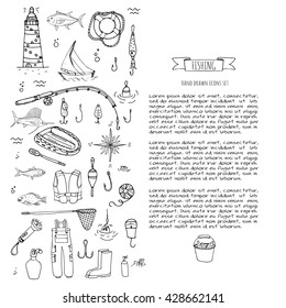 Hand drawn doodle Fishing icons set. Vector illustration catching fish equipment elements collection Cartoon concept Rod Baits Spinning Lure Inflatable boat Lighthouse Cloth Tuna Salmon Backpack Net