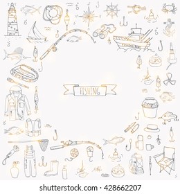 Hand drawn doodle Fishing icons set. Vector illustration catching fish equipment elements collection Cartoon concept Rod Baits Spinning Lure Inflatable boat Lighthouse Cloth Tuna Salmon Backpack Net