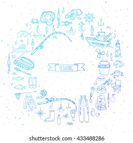 Hand drawn doodle Fishing icons set. Vector illustration catching fish equipment elements collection Cartoon concept Rod Baits Spinning Lure Inflatable boat Lighthouse Cloth Tuna Salmon Backpack Net