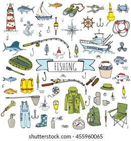 Hand drawn doodle Fishing icons set. Vector illustration. Cartoon catching fish equipment elements collection: Rod, Baits, Spinning, Lure, Inflatable Boat, Yacht, Lighthouse, Cloth, Safety jacket.