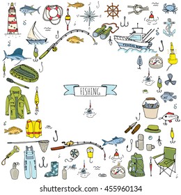 Hand drawn doodle Fishing icons set. Vector illustration. Cartoon catching fish equipment elements collection: Rod, Baits, Spinning, Lure, Inflatable Boat, Yacht, Lighthouse, Cloth, Safety jacket.
