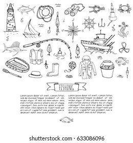 Hand drawn doodle Fishing icons set Vector illustration fishing equipment elements collection Cartoon fish catching concept Rod Baits Spinning Lure Boat Lighthouse Fishing cloth Inflatable Marlin