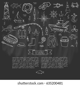 Hand drawn doodle Fishing icons set Vector illustration fishing equipment elements collection Cartoon fish catching concept Rod Baits Spinning Lure Boat Lighthouse Fishing cloth Inflatable Marlin