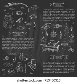 Hand drawn doodle Fishing icons set. Vector illustration. Cartoon catching fish equipment elements collection: Rod, Baits, Spinning, Lure, Inflatable Boat, Yacht, Lighthouse, Cloth, Safety jacket.
