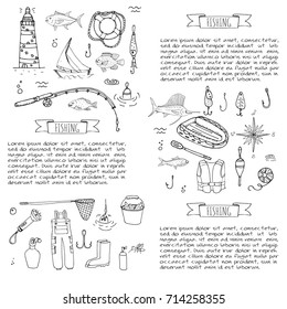 Hand drawn doodle Fishing icons set. Vector illustration. Cartoon catching fish equipment elements collection: Rod, Baits, Spinning, Lure, Inflatable Boat, Yacht, Lighthouse, Cloth, Safety jacket.