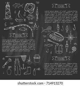 Hand drawn doodle Fishing icons set. Vector illustration. Cartoon catching fish equipment elements collection: Rod, Baits, Spinning, Lure, Inflatable Boat, Yacht, Lighthouse, Cloth, Safety jacket.