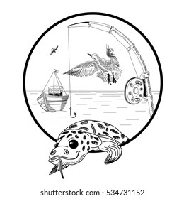 Hand drawn doodle fishing sketch. Burbot, seagulls, fishing rod, boat on sea. Vector Illustration.