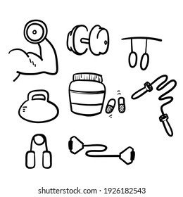 hand drawn doodle fitness equipment and excercize illustration vector