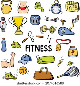 Hand drawn doodle fitness icons set. Vector colorful illustration