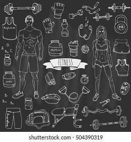 Hand drawn doodle fitness icons set. Vector illustration. Sport symbol collection. Cartoon bodybuilding various sketch elements: gym, sportsmen, diet, barbell, dumbbell, vitamin, protein, sport bag