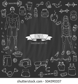 Hand drawn doodle fitness icons set. Vector illustration. Sport symbol collection. Cartoon bodybuilding various sketch elements: gym, sportsmen, diet, barbell, dumbbell, vitamin, protein, sport bag