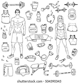 Hand drawn doodle fitness icons set. Vector illustration. Sport symbol collection. Cartoon bodybuilding various sketch elements: gym, sportsmen, diet, barbell, dumbbell, vitamin, protein, sport bag