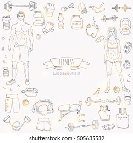 Hand drawn doodle fitness icons set. Vector illustration. Sport symbol collection. Cartoon bodybuilding various sketch elements: gym, sportsmen, diet, barbell, dumbbell, vitamin, protein, sport bag