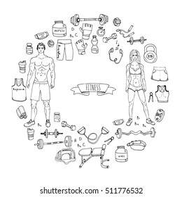 Hand drawn doodle fitness icons set. Vector illustration. Sport symbol collection. Cartoon bodybuilding various sketch elements: gym, sportsmen, diet, barbell, dumbbell, vitamin, protein, sport bag