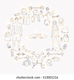 Hand drawn doodle fitness icons set. Vector illustration. Sport symbol collection. Cartoon bodybuilding various sketch elements: gym, sportsmen, diet, barbell, dumbbell, vitamin, protein, sport bag